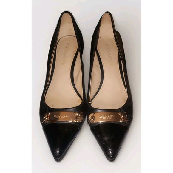 COACH Bowery Black Patent Cap Toe Soft Lambskin Pumps Kitten Heels Gold Sz 6.5 B - Picture 3 of 10